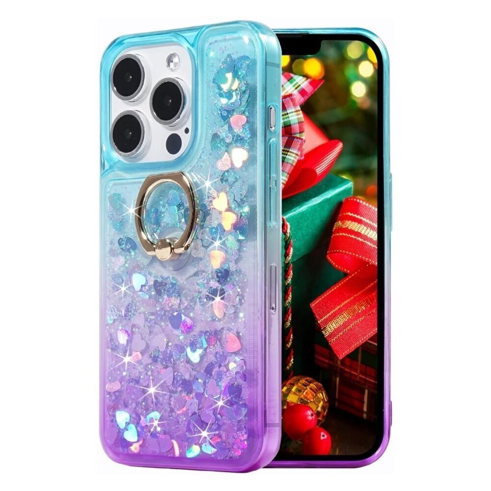 iPhone 15 Pro Glitter Case with Ring Holder Kickstand Bling (Teal Purple) AD3